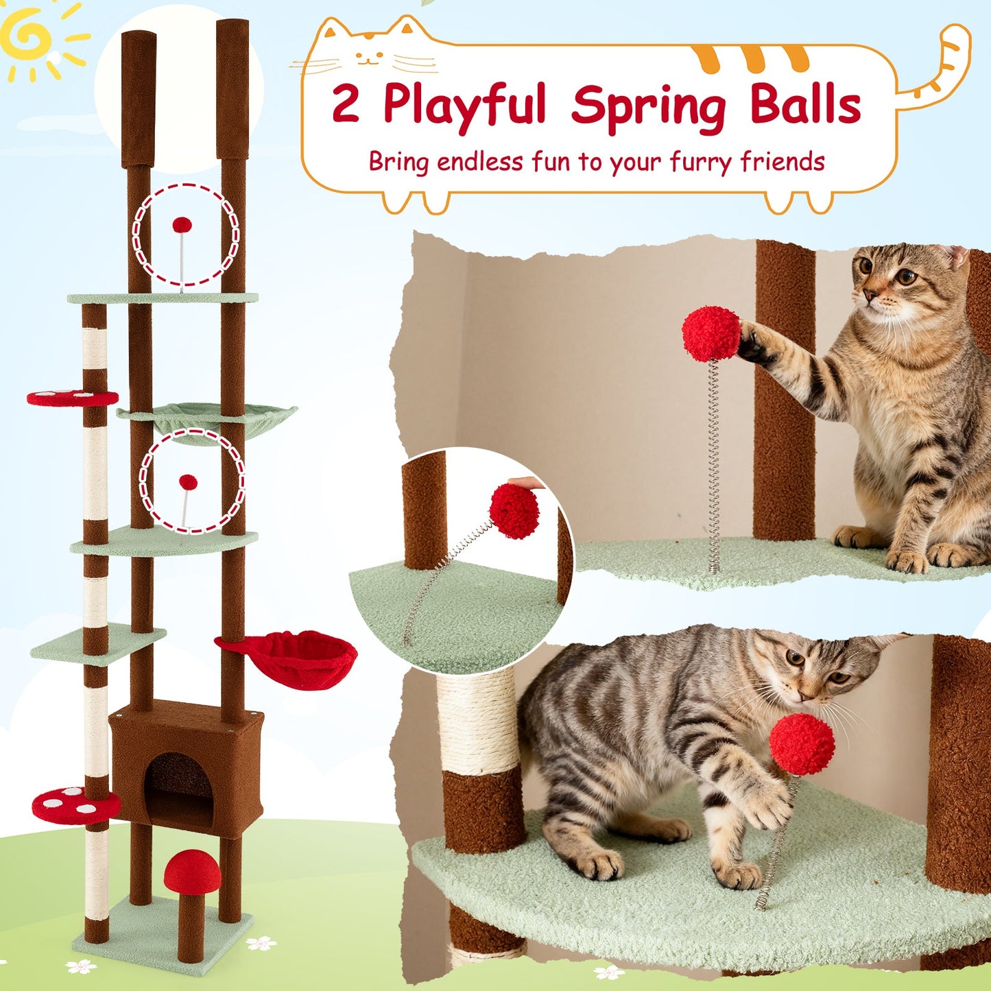 Floor to Ceiling Cat Tree Adjustable Mushroom Themed with Condo and Hammock-Brown