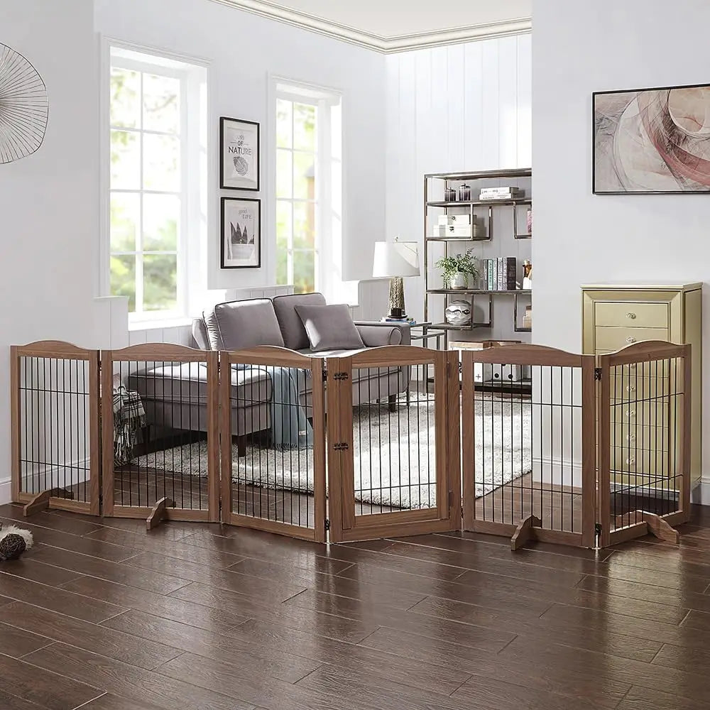Foldable Wood and Wire Pet Playpen with Walk-Through Gate.
