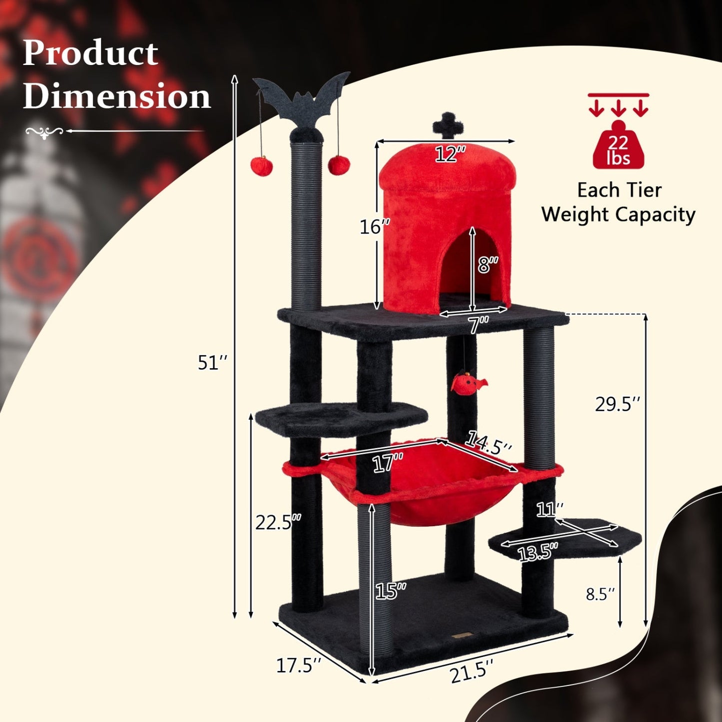 51" Gothic Multi-Level Cat Tree with Spider Toy & Hammock