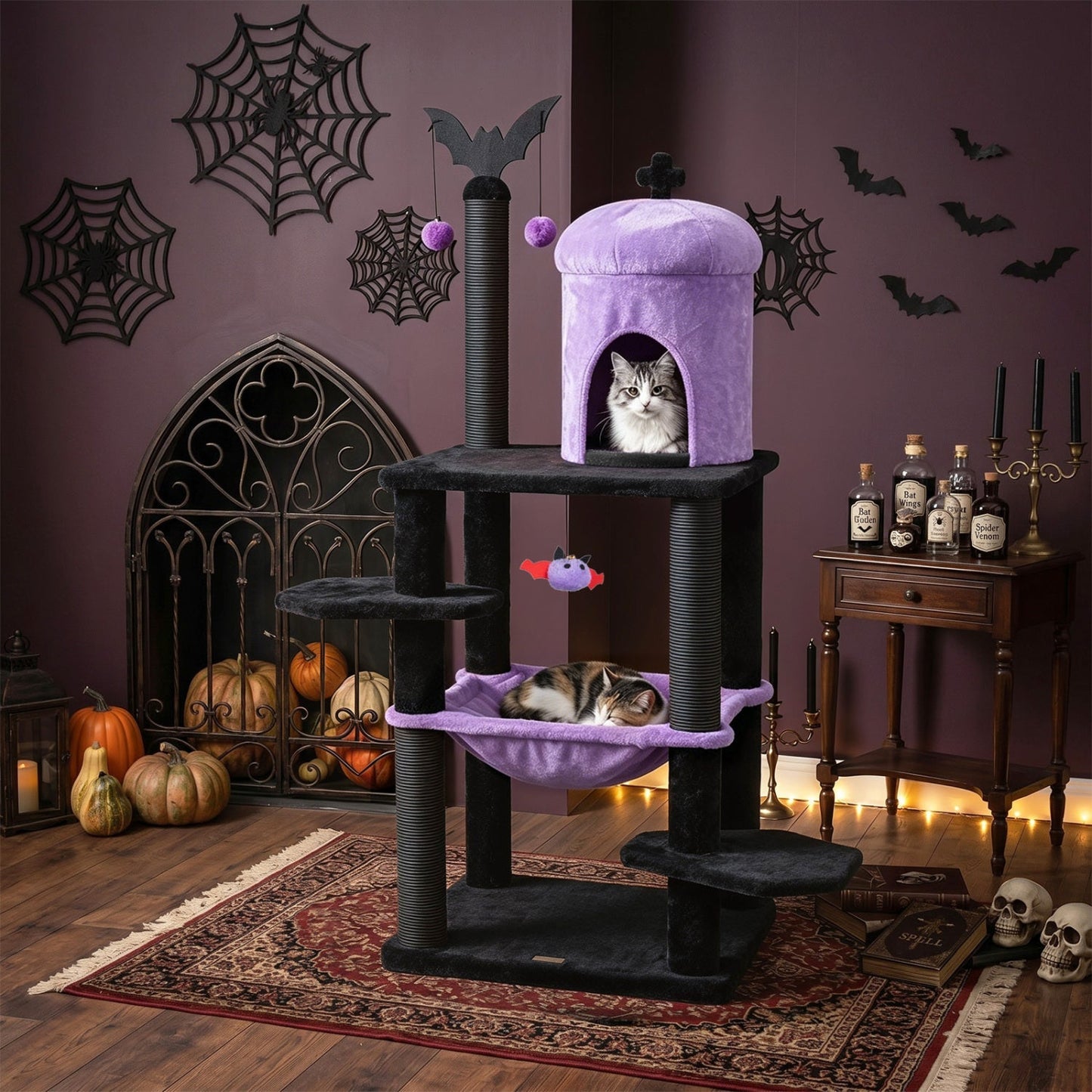 51" Gothic Multi-Level Cat Tree with Spider Toy & Hammock