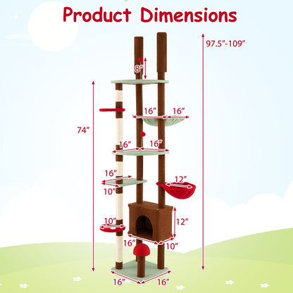 Floor to Ceiling Cat Tree Adjustable Mushroom Themed with Condo and Hammock-Brown