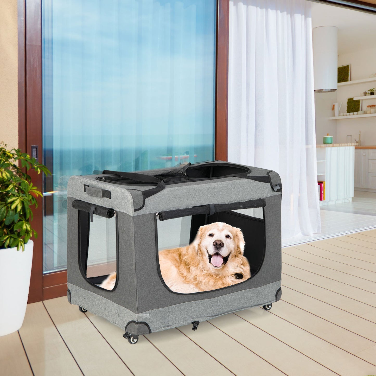 Portable Folding Dog Soft Crate Cat Carrier with 4 Lockable Wheels