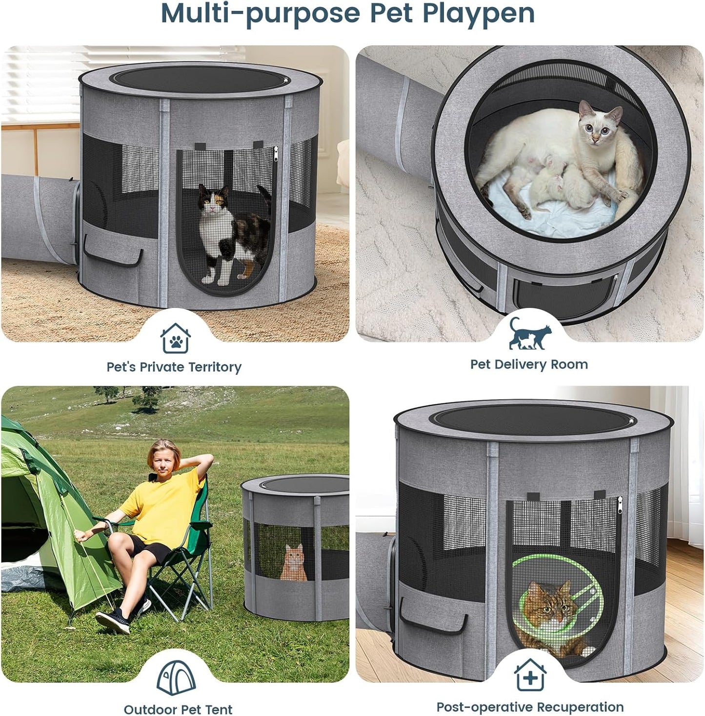 Portable Pet Playpen with Tunnel Foldable 3-in-1 Indoor Outdoor Small Pet & Cats