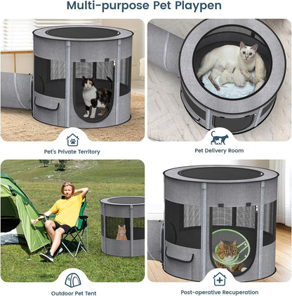 Portable Pet Playpen with Tunnel Foldable 3-in-1 Indoor Outdoor Small Pet & Cats