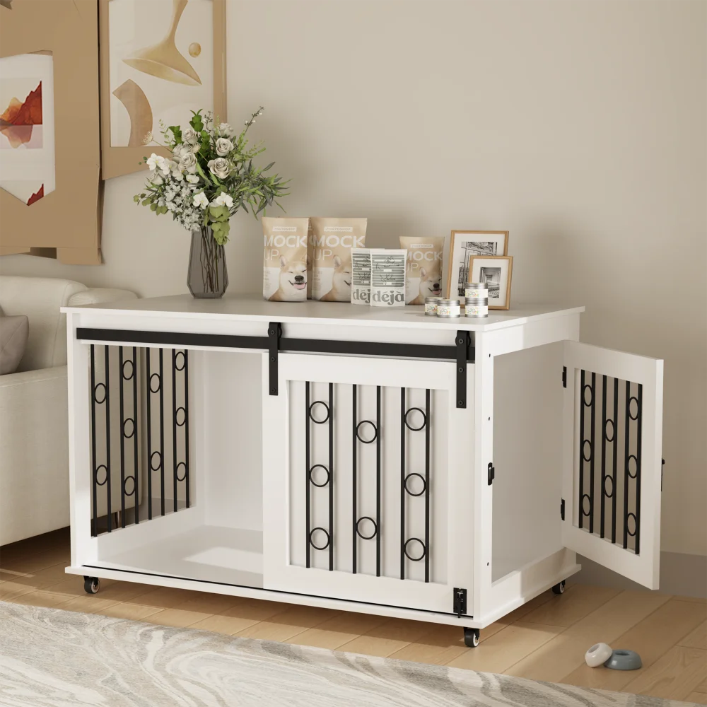 Indoor Modern Wooden Dog Crate Furniture with Sliding Barn Door and Side Door,