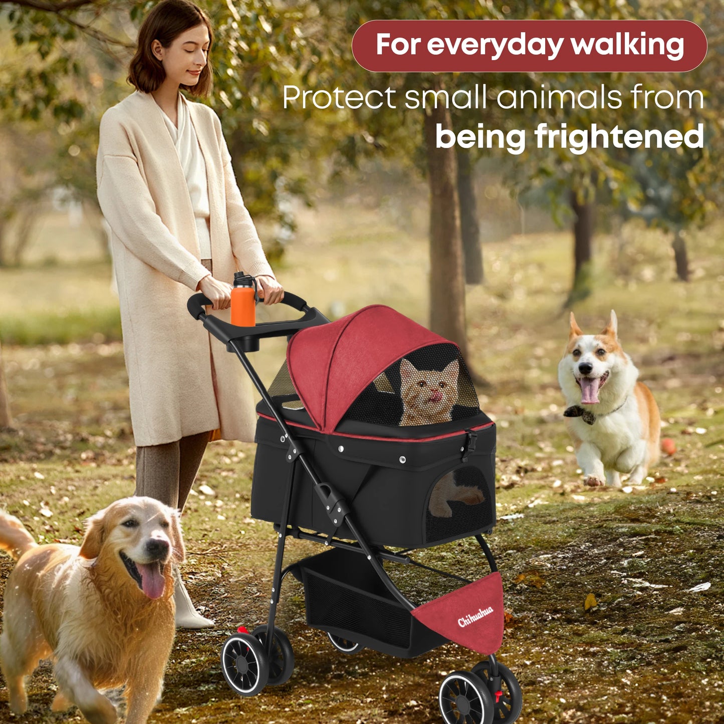 Pet Stroller For Small Medium pets  3 Wheels Foldable with Breathable Mesh Canopy Pet Travel Carrier .