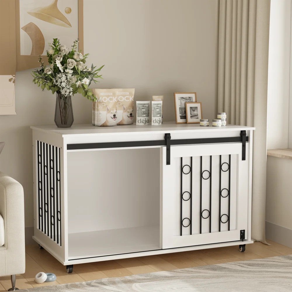 Indoor Modern Wooden Dog Crate Furniture with Sliding Barn Door and Side Door,