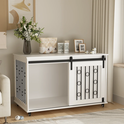 Indoor Modern Wooden Dog Crate Furniture with Sliding Barn Door and Side Door,