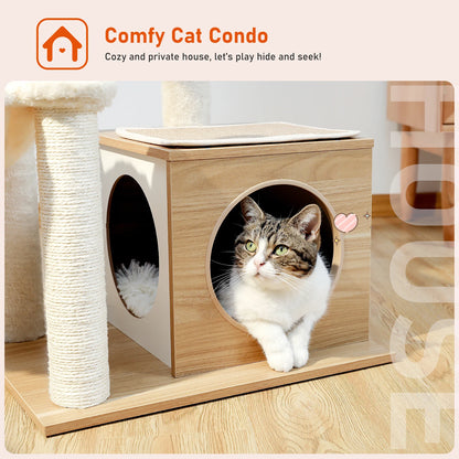Modern Cat Tree for Indoor Cats Multi-Level Wood Cat Tower with Cozy Condo Hammock Sisal Scratching Posts.