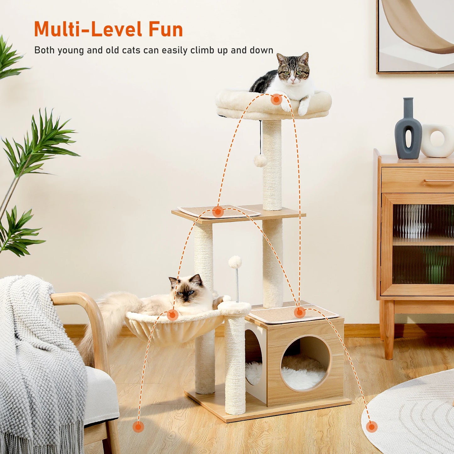 Modern Cat Tree for Indoor Cats Multi-Level Wood Cat Tower with Cozy Condo Hammock Sisal Scratching Posts.