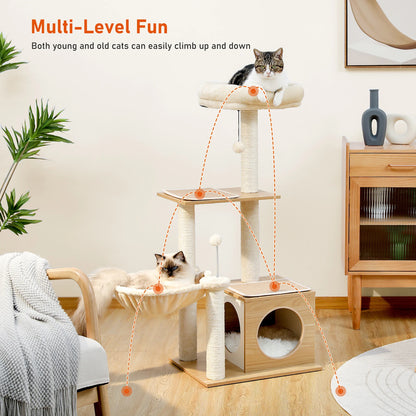Modern Cat Tree for Indoor Cats Multi-Level Wood Cat Tower with Cozy Condo Hammock Sisal Scratching Posts.