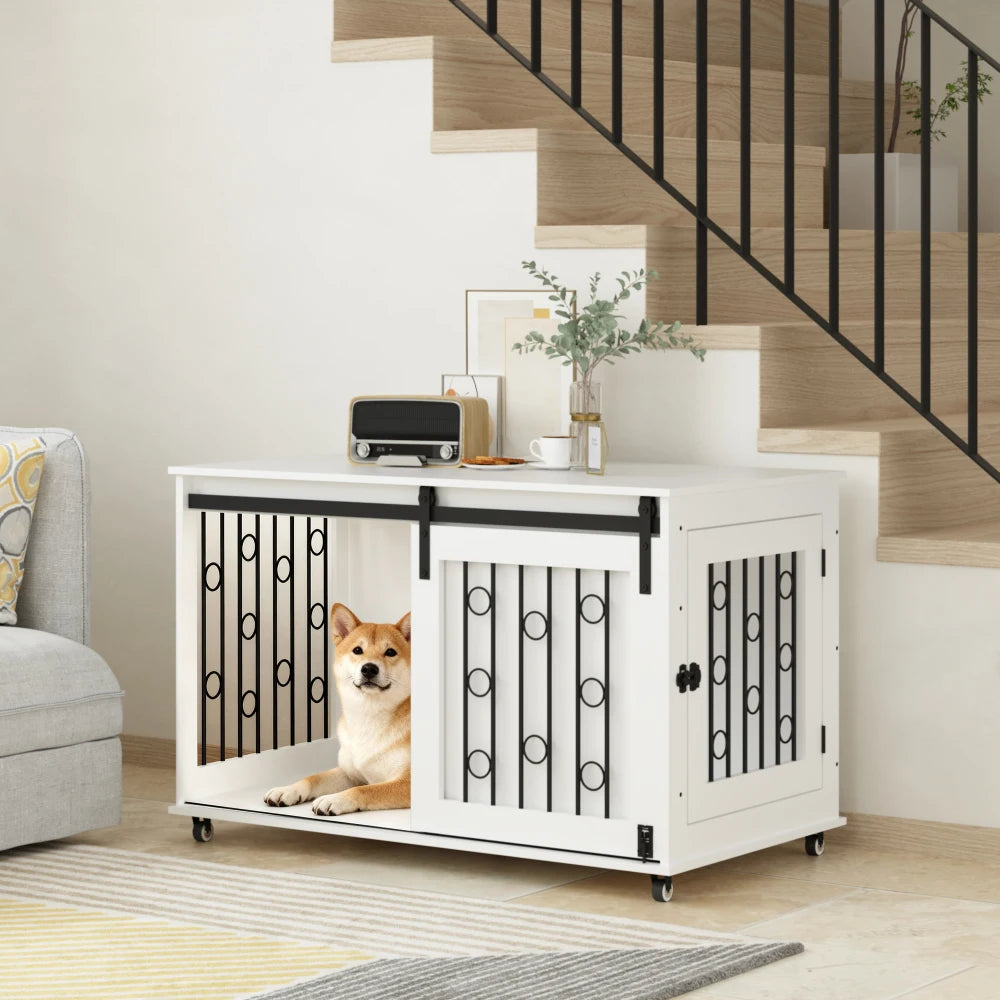 Indoor Modern Wooden Dog Crate Furniture with Sliding Barn Door and Side Door,