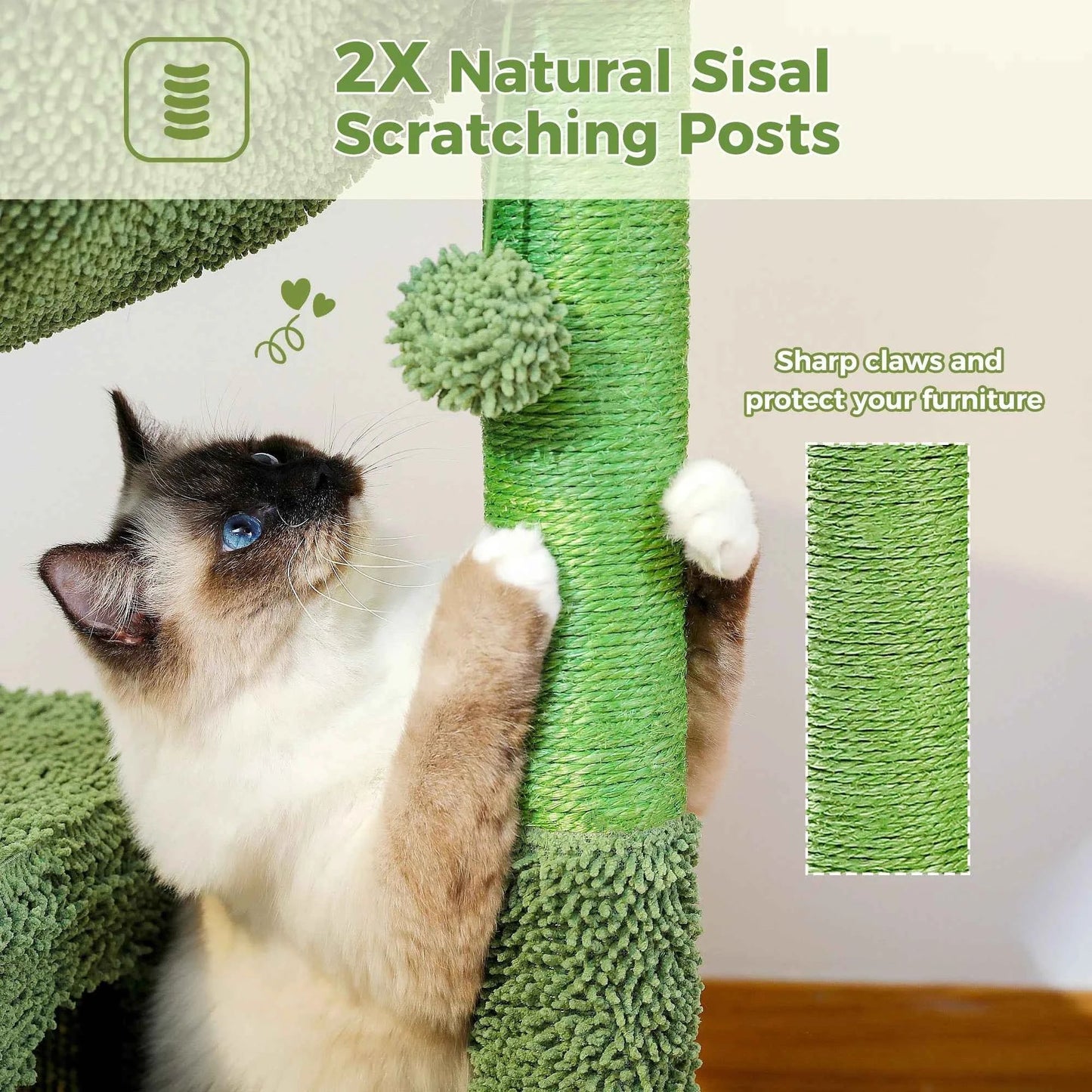 Cactus Cat Tree with Condo & Hammock – Small Cat Tower with Scratching Post & Hanging Ball Toy