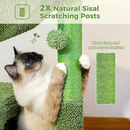 Cactus Cat Tree with Condo & Hammock – Small Cat Tower with Scratching Post & Hanging Ball Toy