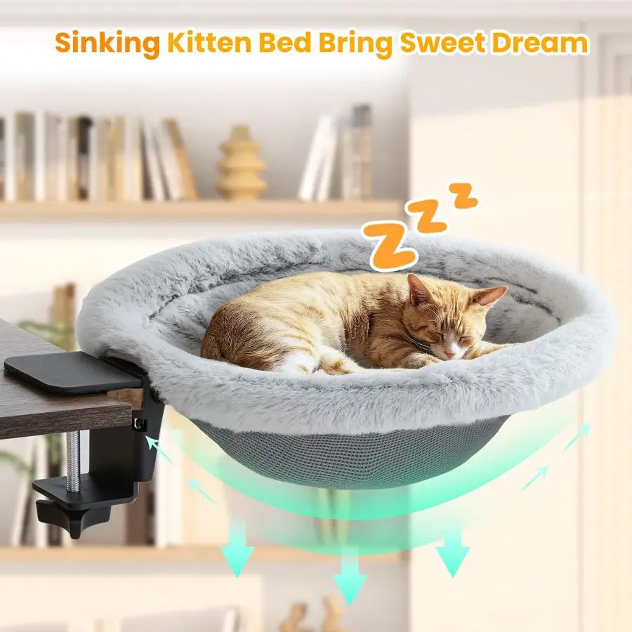Cat Desk Bed, Sunken Cats Hammock with Steel Clamp Hold up to 40lbs, Oneclick Foldable Cat Side Table Beds .