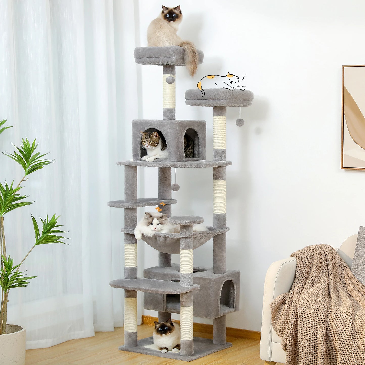 Large Cat Tree and Tower for Indoor Cats With Sisal-Covered Scratching Posts Spacious Hammock Padded Perches.