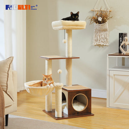 Modern Cat Tree for Indoor Cats Multi-Level Wood Cat Tower with Cozy Condo Hammock Sisal Scratching Posts.
