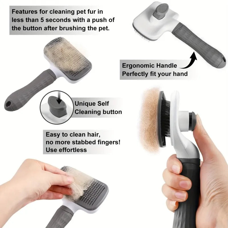Pet Grooming Brush with One-Click Hair Removal, Bent Needle Massaging Comb for pets.
