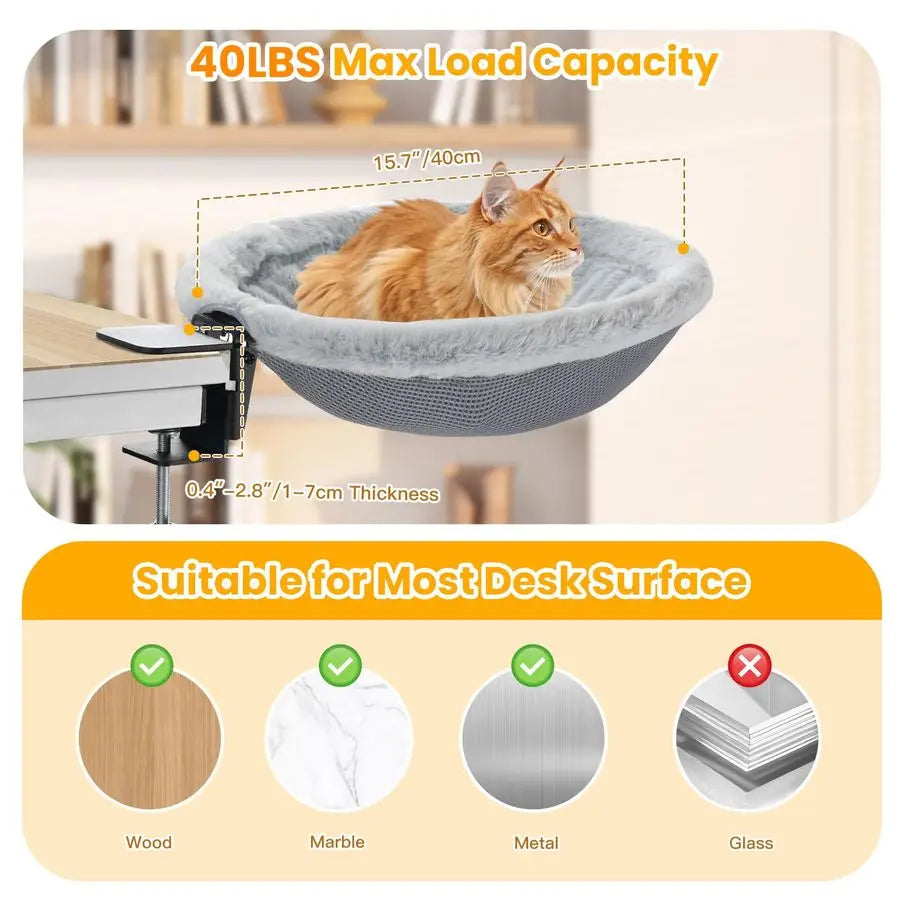 Cat Desk Bed, Sunken Cats Hammock with Steel Clamp Hold up to 40lbs, Oneclick Foldable Cat Side Table Beds .