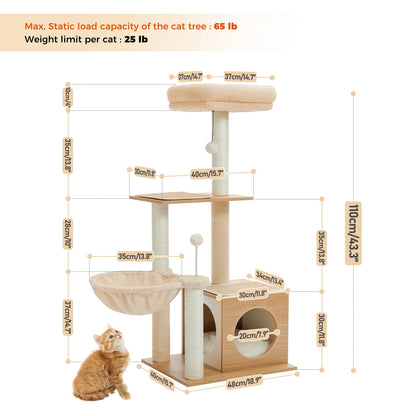 Modern Cat Tree for Indoor Cats Multi-Level Wood Cat Tower with Cozy Condo Hammock Sisal Scratching Posts.