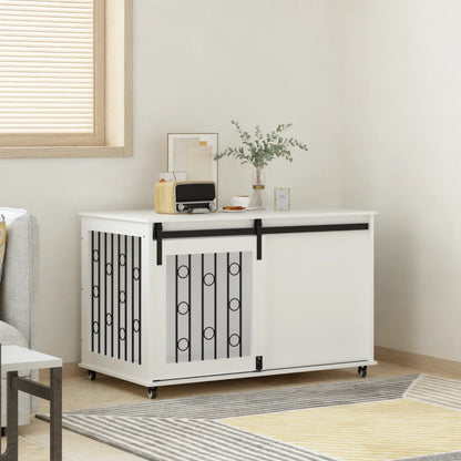 Indoor Modern Wooden Dog Crate Furniture with Sliding Barn Door and Side Door,