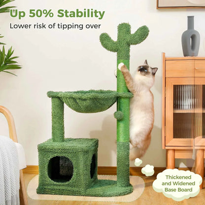 Cactus Cat Tree with Condo & Hammock – Small Cat Tower with Scratching Post & Hanging Ball Toy