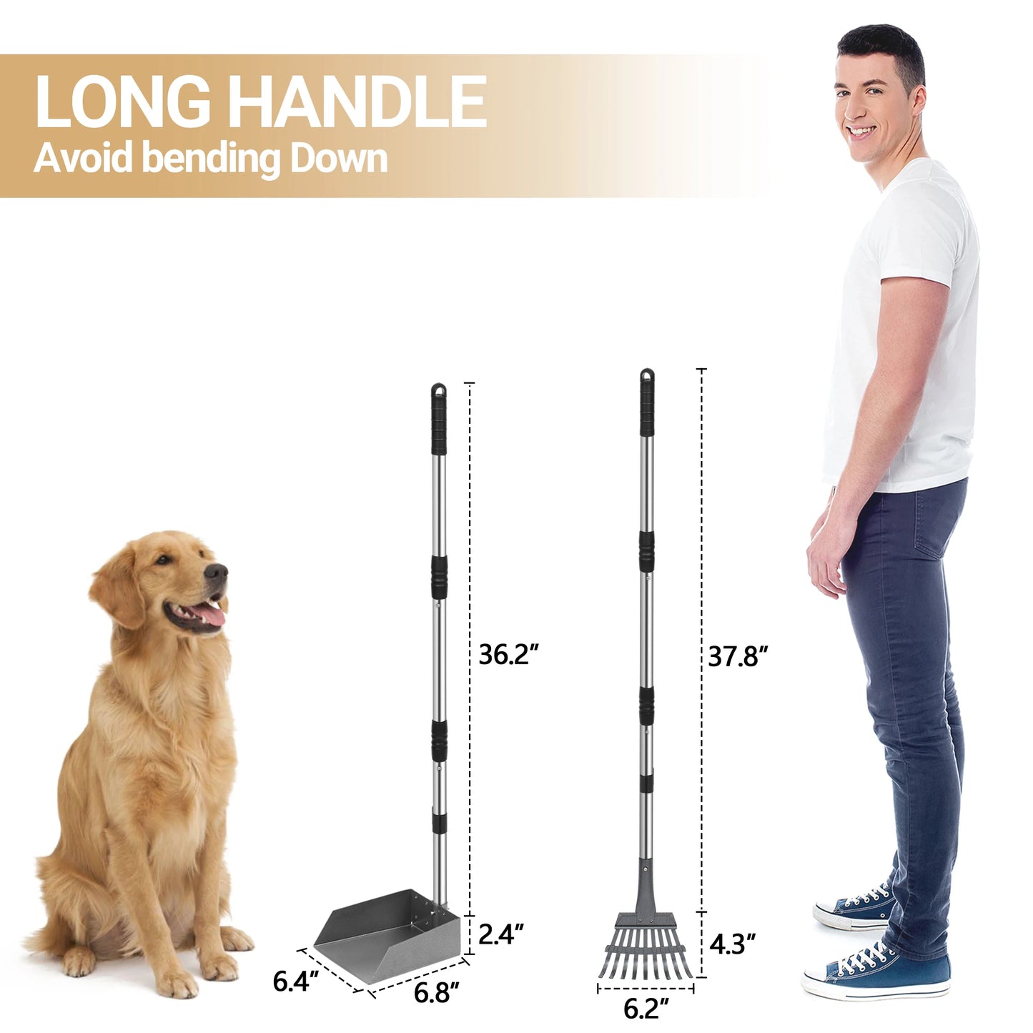 Pet Waste Removal Scoop with Long Adjustable Sectional Stainless Handles.