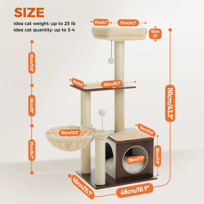 Modern Cat Tree for Indoor Cats Multi-Level Wood Cat Tower with Cozy Condo Hammock Sisal Scratching Posts.
