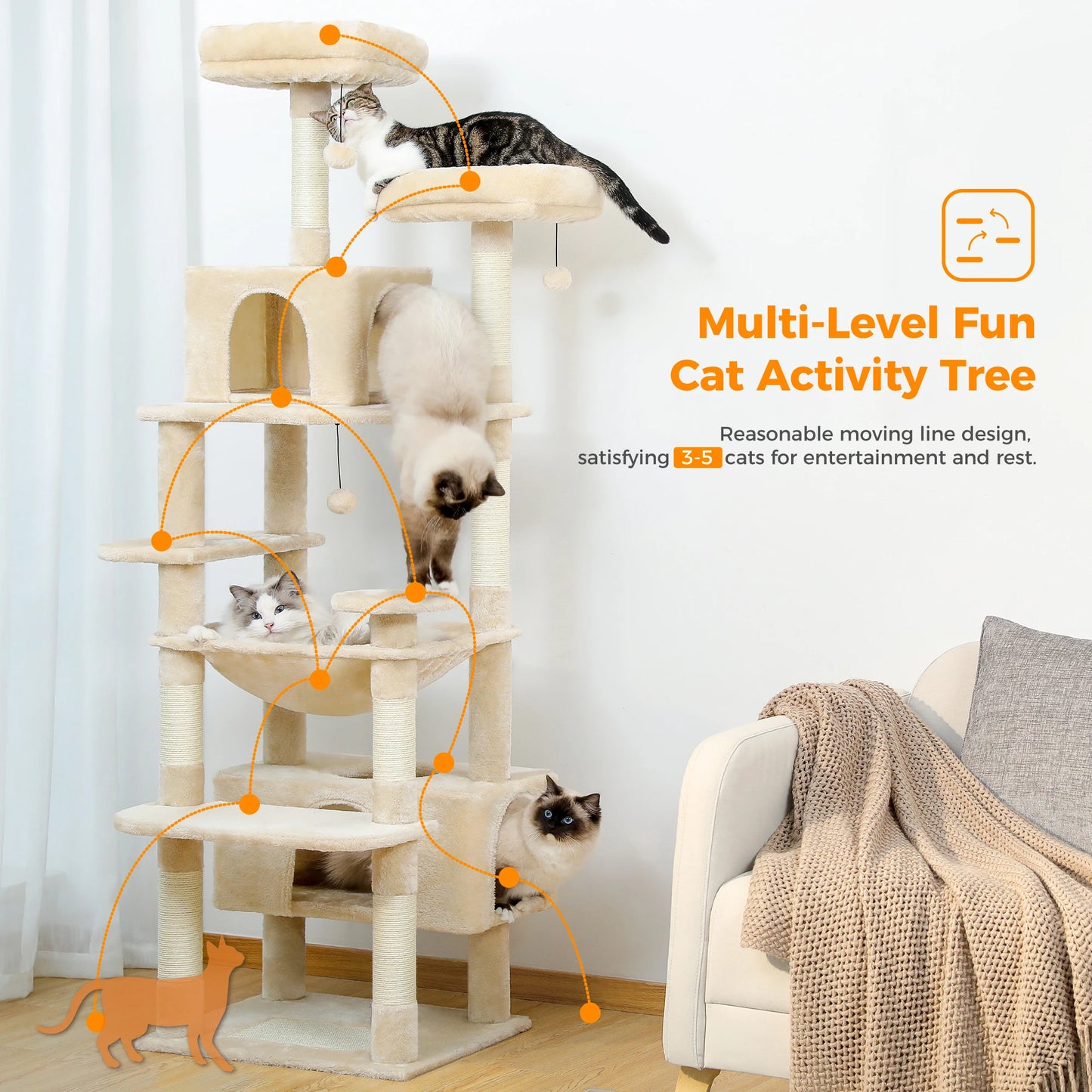 Large Cat Tree and Tower for Indoor Cats With Sisal-Covered Scratching Posts Spacious Hammock Padded Perches.