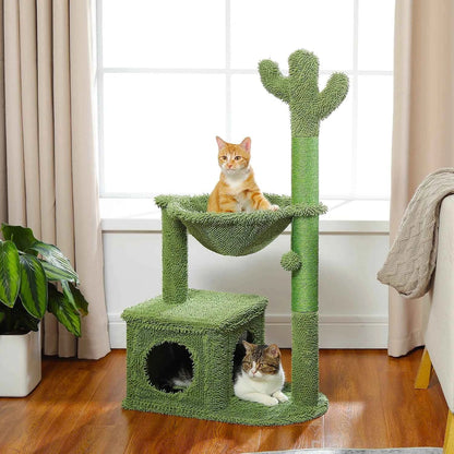 Cactus Cat Tree with Condo & Hammock – Small Cat Tower with Scratching Post & Hanging Ball Toy