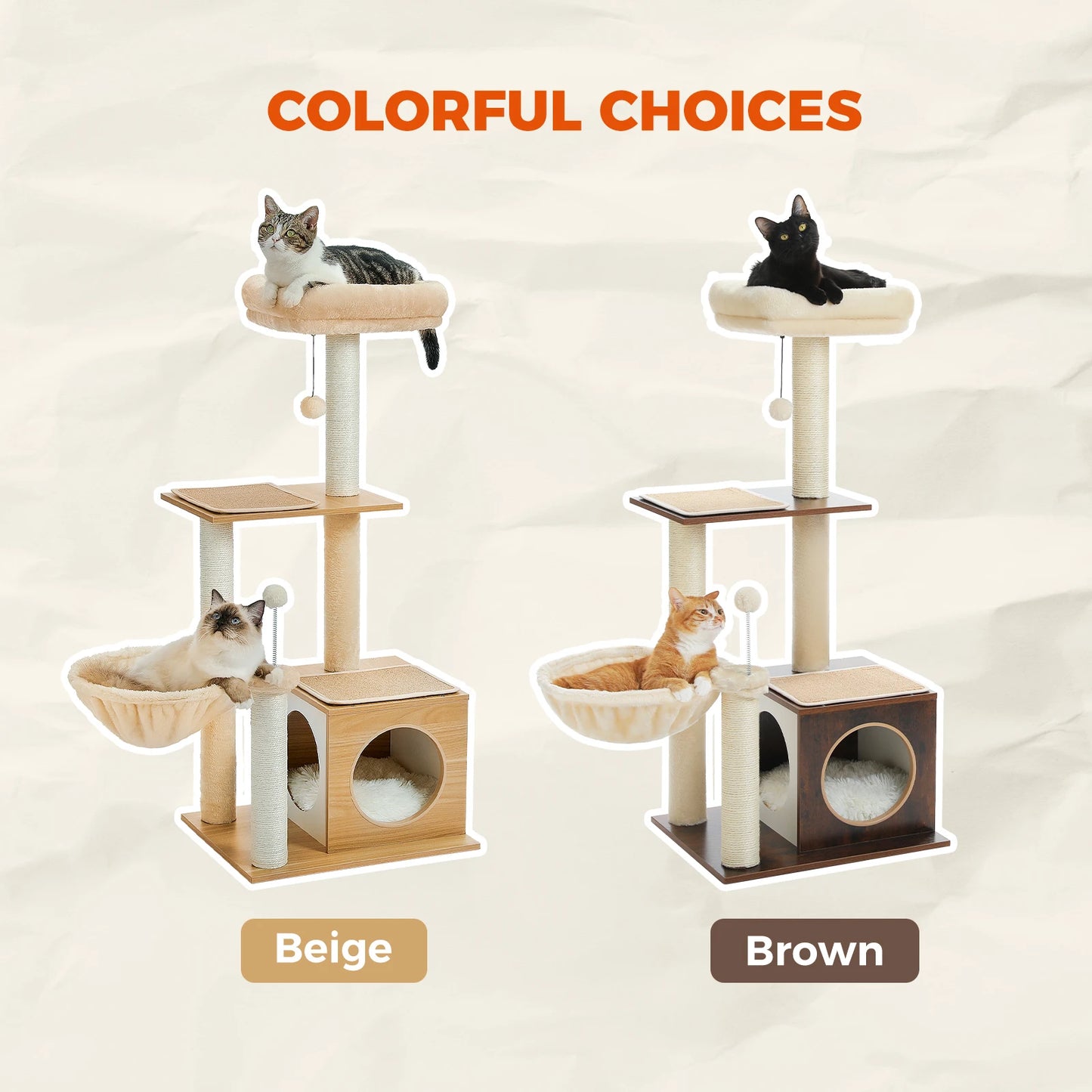 Modern Cat Tree for Indoor Cats Multi-Level Wood Cat Tower with Cozy Condo Hammock Sisal Scratching Posts.