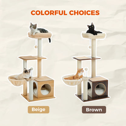 Modern Cat Tree for Indoor Cats Multi-Level Wood Cat Tower with Cozy Condo Hammock Sisal Scratching Posts.