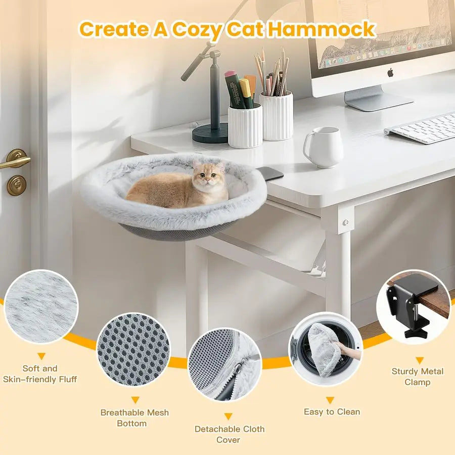 Cat Desk Bed, Sunken Cats Hammock with Steel Clamp Hold up to 40lbs, Oneclick Foldable Cat Side Table Beds .