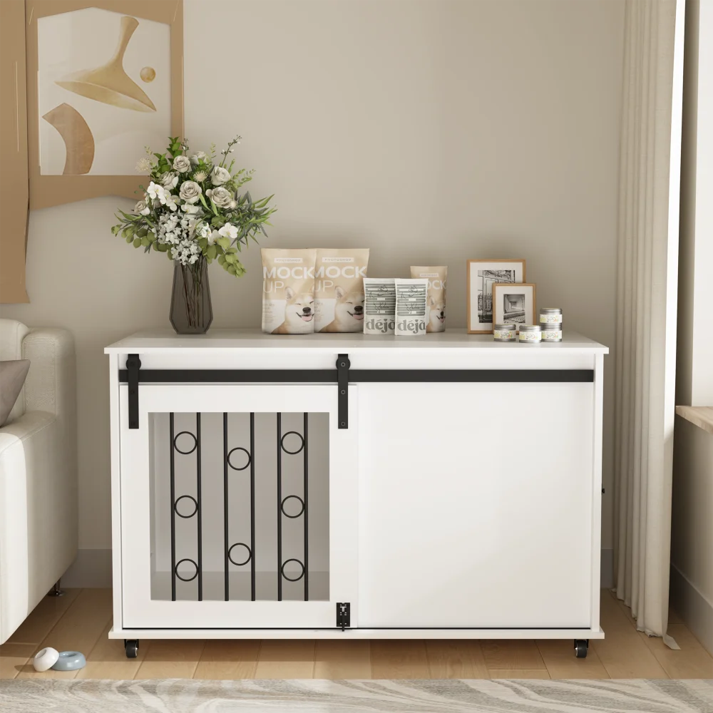 Indoor Modern Wooden Dog Crate Furniture with Sliding Barn Door and Side Door,