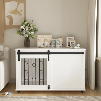 Indoor Modern Wooden Dog Crate Furniture with Sliding Barn Door and Side Door,