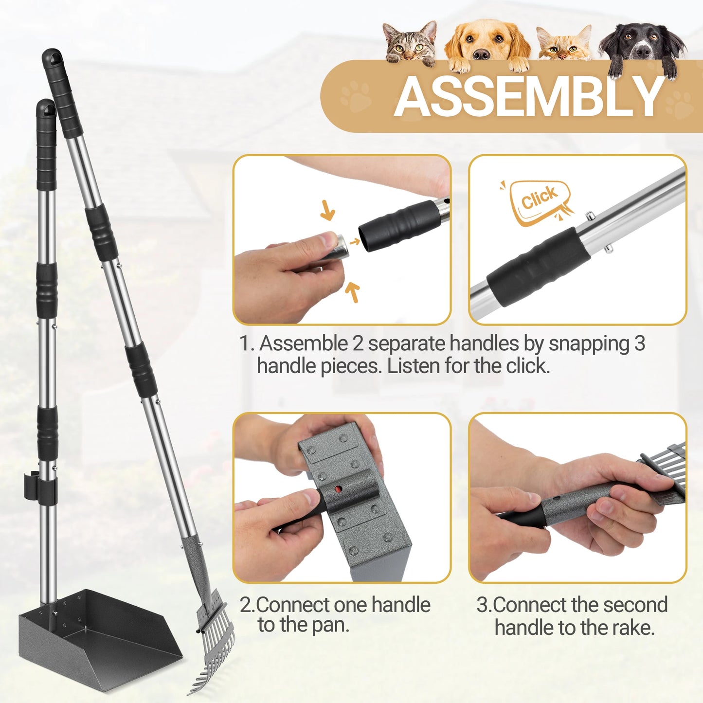Pet Waste Removal Scoop with Long Adjustable Sectional Stainless Handles.