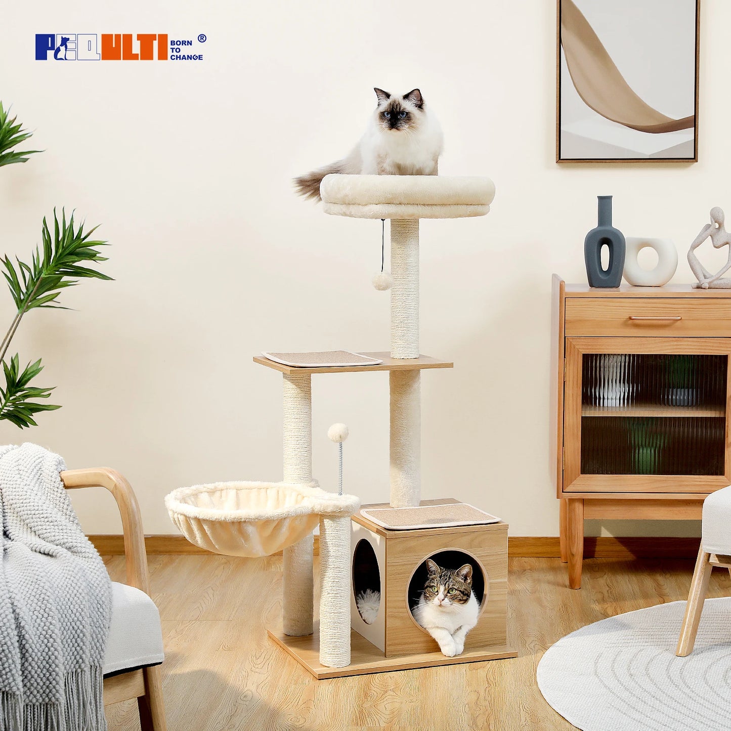 Modern Cat Tree for Indoor Cats Multi-Level Wood Cat Tower with Cozy Condo Hammock Sisal Scratching Posts.