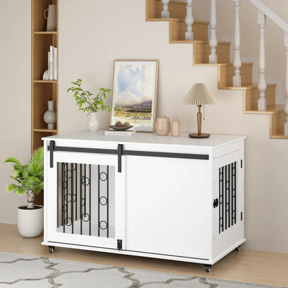 Indoor Modern Wooden Dog Crate Furniture with Sliding Barn Door and Side Door,