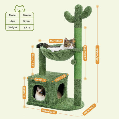 Cactus Cat Tree with Condo & Hammock – Small Cat Tower with Scratching Post & Hanging Ball Toy