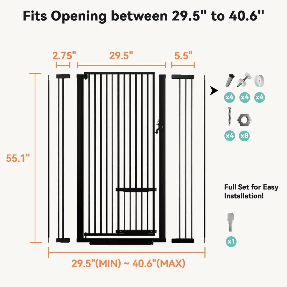 55.1" Tall Adjustable Cat Gate with Pet Door