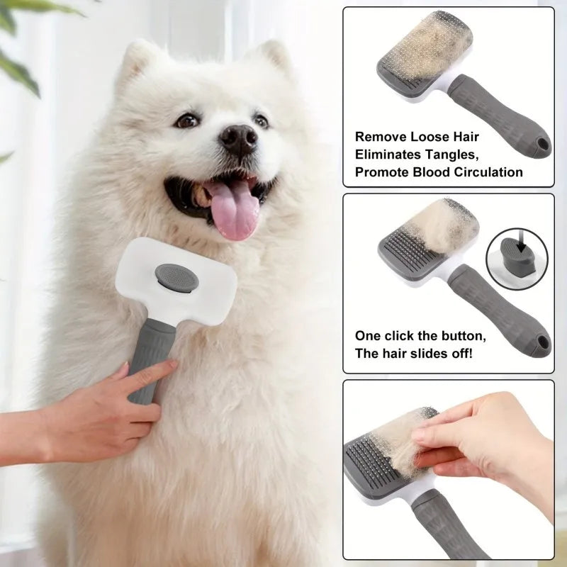 Pet Grooming Brush with One-Click Hair Removal, Bent Needle Massaging Comb for pets.