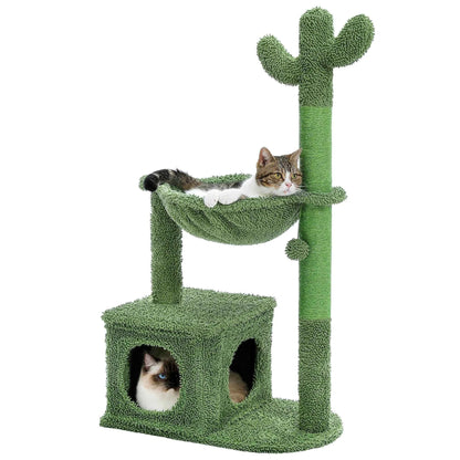Cactus Cat Tree with Condo & Hammock – Small Cat Tower with Scratching Post & Hanging Ball Toy