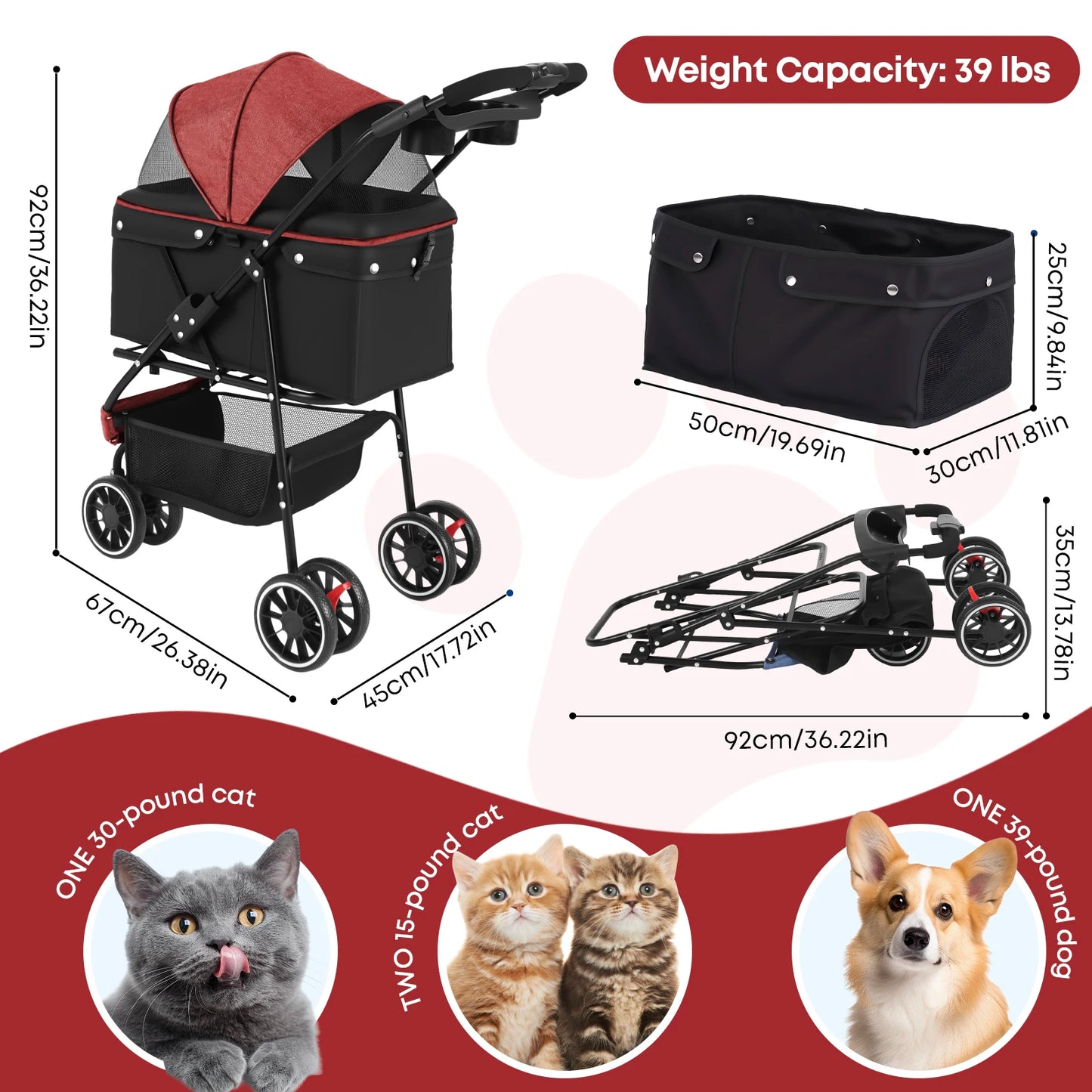 Pet Stroller For Small Medium pets  3 Wheels Foldable with Breathable Mesh Canopy Pet Travel Carrier .