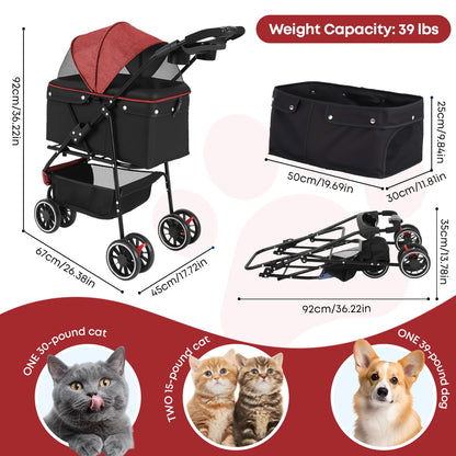 Pet Stroller For Small Medium pets  3 Wheels Foldable with Breathable Mesh Canopy Pet Travel Carrier .