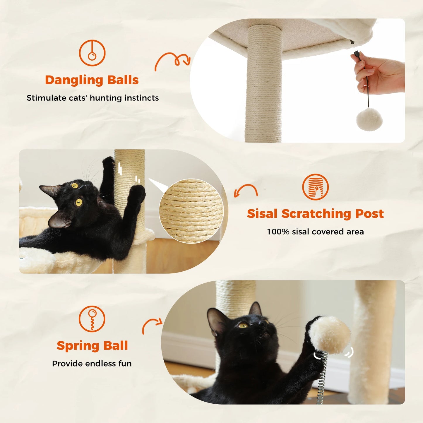 Modern Cat Tree for Indoor Cats Multi-Level Wood Cat Tower with Cozy Condo Hammock Sisal Scratching Posts.