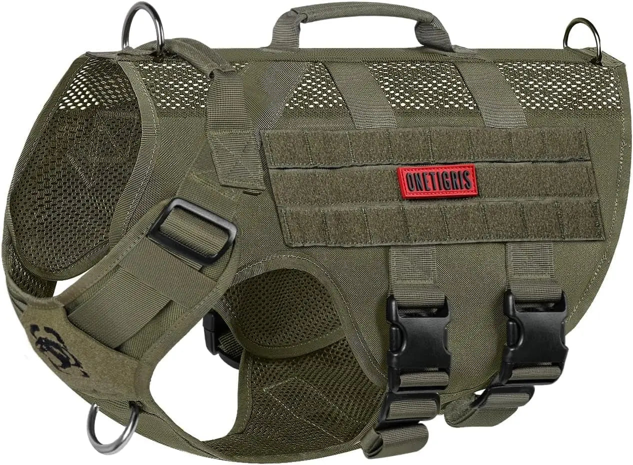 Tactical No-Pull Dog Harness – Mesh MOLLE Vest with Dual Handles