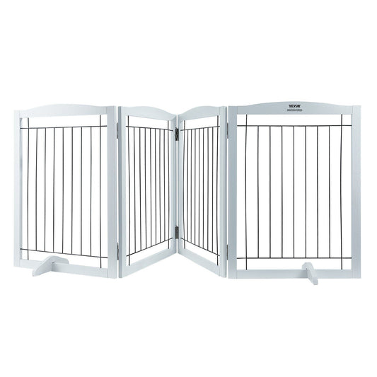 Free Standing Dog Gate, 32" H x 96.5" W Freestanding Pet Gate, 4 Panels Foldable Dog Gate for Wide and Narrow Passageways, Expandable Dog Barrier with Silent Foot Support for Indoor, White
