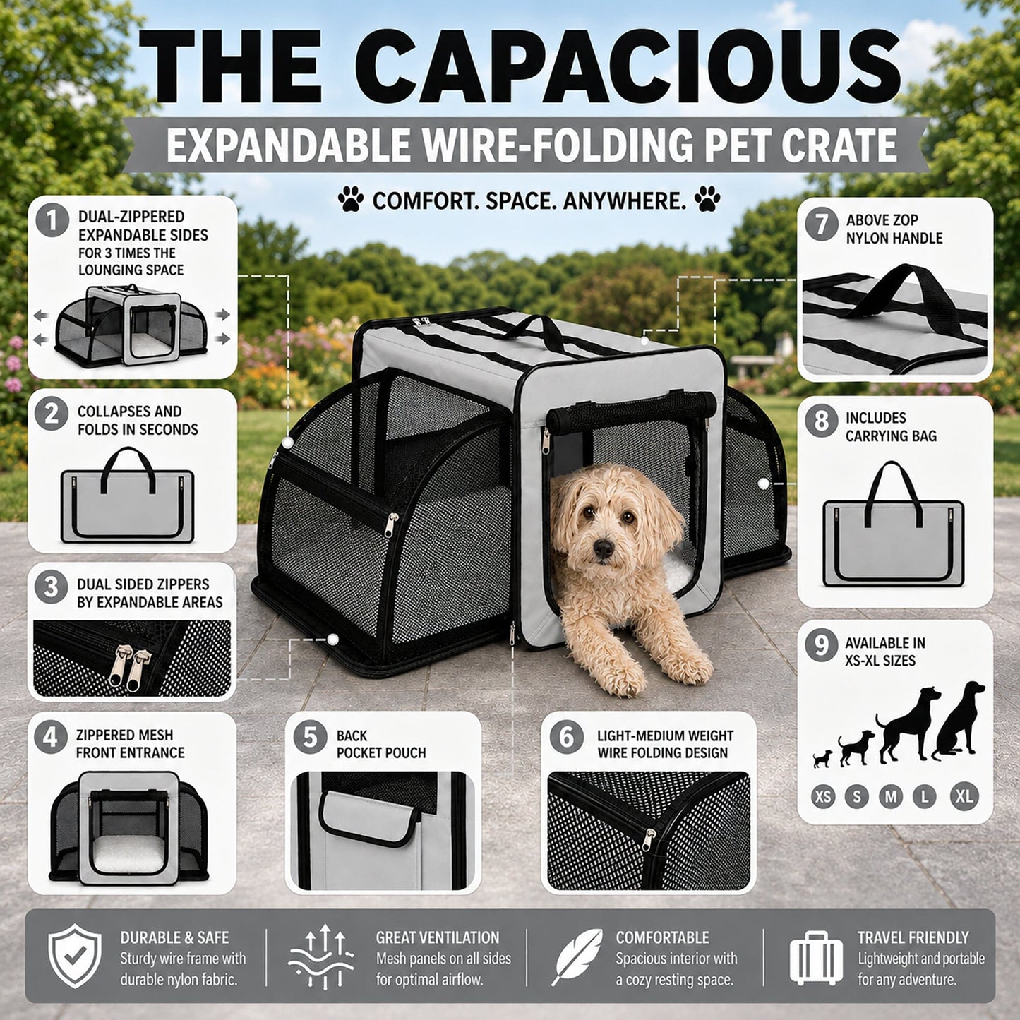 Pet Life ® 'Capacious' Dual-Sided Expandable Spacious Wire Folding Collapsible Lightweight Pet Dog Crate Carrier House