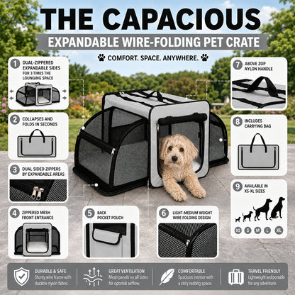 Pet Life ® 'Capacious' Dual-Sided Expandable Spacious Wire Folding Collapsible Lightweight Pet Dog Crate Carrier House