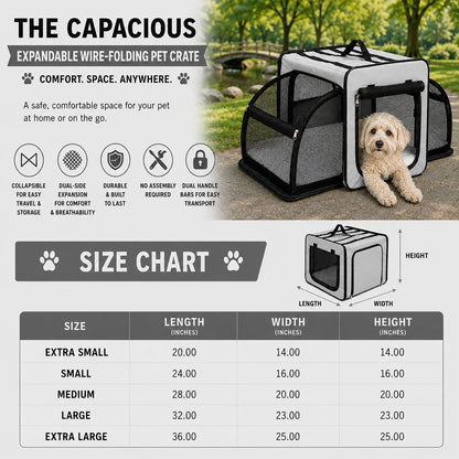 Pet Life ® 'Capacious' Dual-Sided Expandable Spacious Wire Folding Collapsible Lightweight Pet Dog Crate Carrier House